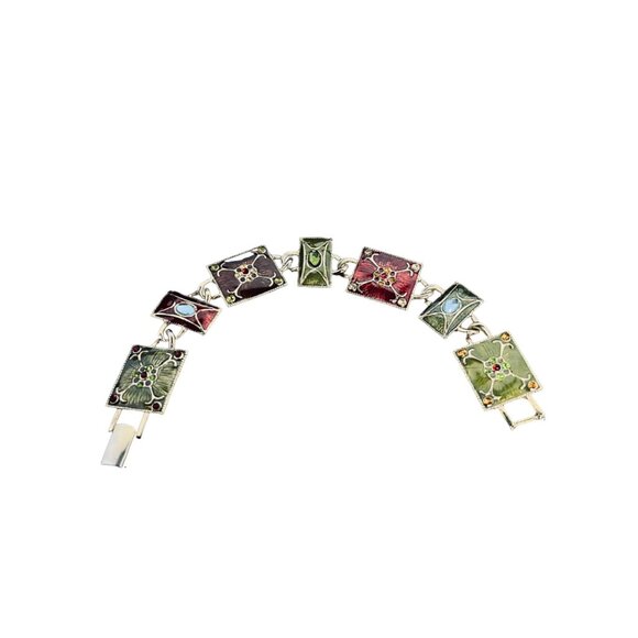 Liz Claiborne Gold Tone, Green & Red Enamel And Rhinestone Link Bracelet (5392) - Picture 5 of 8